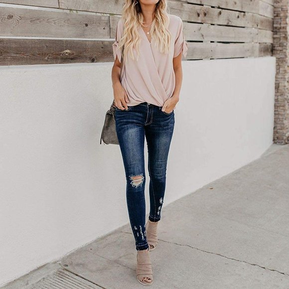 Tops - Casual Short Sleeve Top Summer Wrap V Neck Chiffon